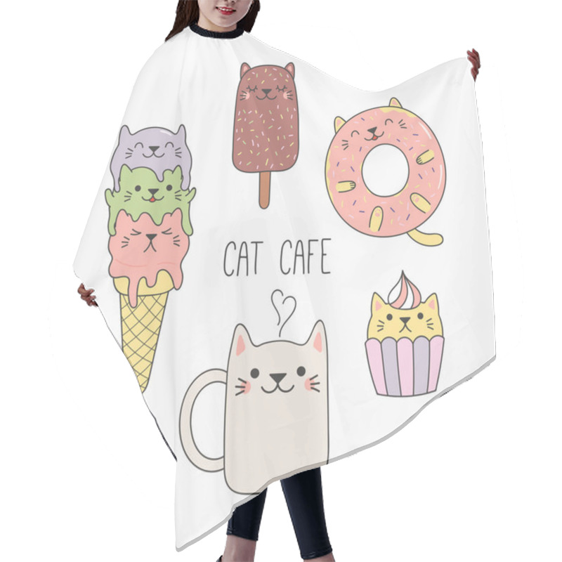 Personality  Hand Drawn Vector Illustration Of Kawaii Funny Desserts And Steaming Mug Cup With Cat Ears, Design Concept For Cat Cafe Menu, Vector, Illustration Hair Cutting Cape