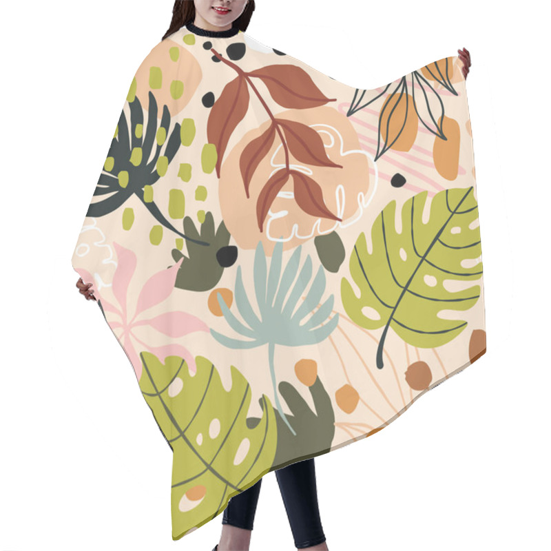 Personality  Tropical Trendy Abstract Seamless Pattern With Monstera Leaves And Exotics Plants With Hand Drawn Textures On Brown Backdrop. Creative Tropical Motifs Design Coloured With Brown Colours. Hair Cutting Cape