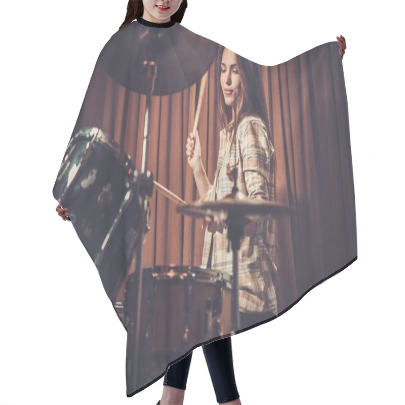 Personality  Young Cheerful Girl Behind Drums Hair Cutting Cape