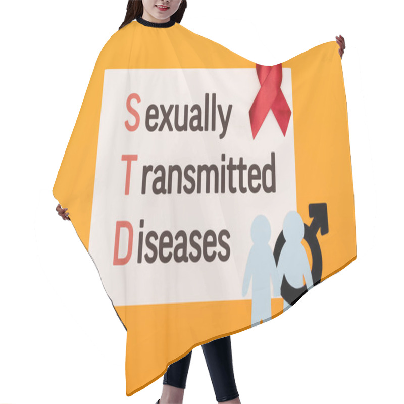 Personality  Top View Of Paper People With Male Gender Symbol Near Red Ribbon And Paper With Sexually Transmitted Diseases Lettering Isolated On Orange Hair Cutting Cape