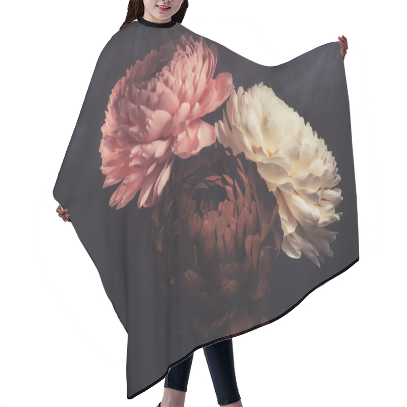 Personality  Large Flowers Made Of Foamiran And Paper On A Dark Background, Hand-made Rosebuds And Peonies, Homemade Compositions And Fire Flowers For Decoration And Design Hair Cutting Cape