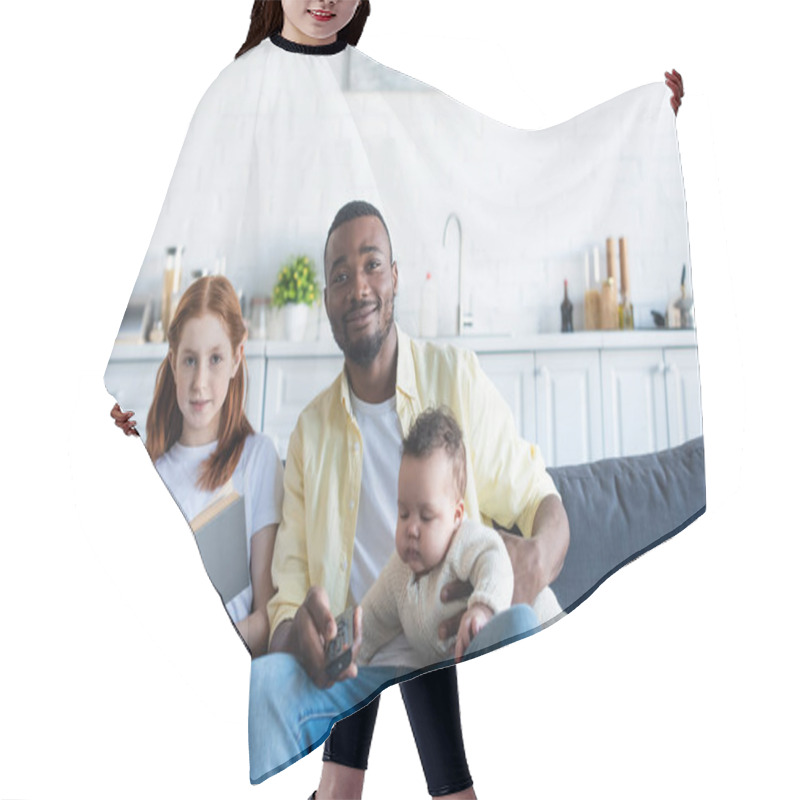 Personality  Preteen Girl Holding Book Near African American Father With Infant Sister Watching Tv At Home Hair Cutting Cape