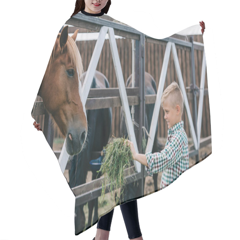 Personality  Smiling Boy Holding Grass And Feeding Horse In Stall Hair Cutting Cape