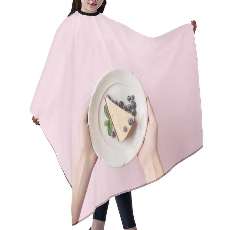 Personality  Woman Holding Slice Of Cheesecake Hair Cutting Cape