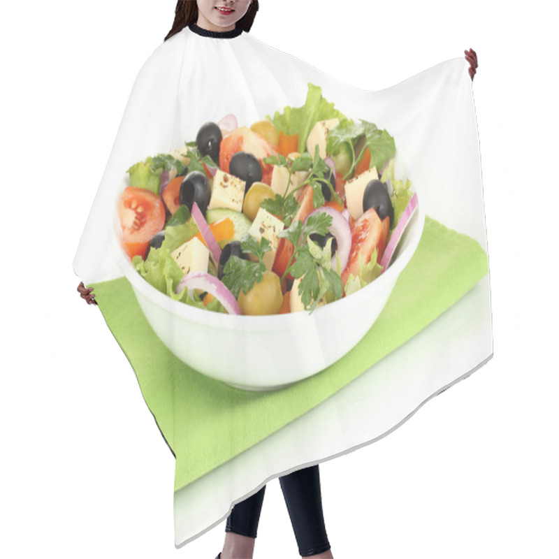 Personality  Greek Salad In Plate Isolated On White Hair Cutting Cape