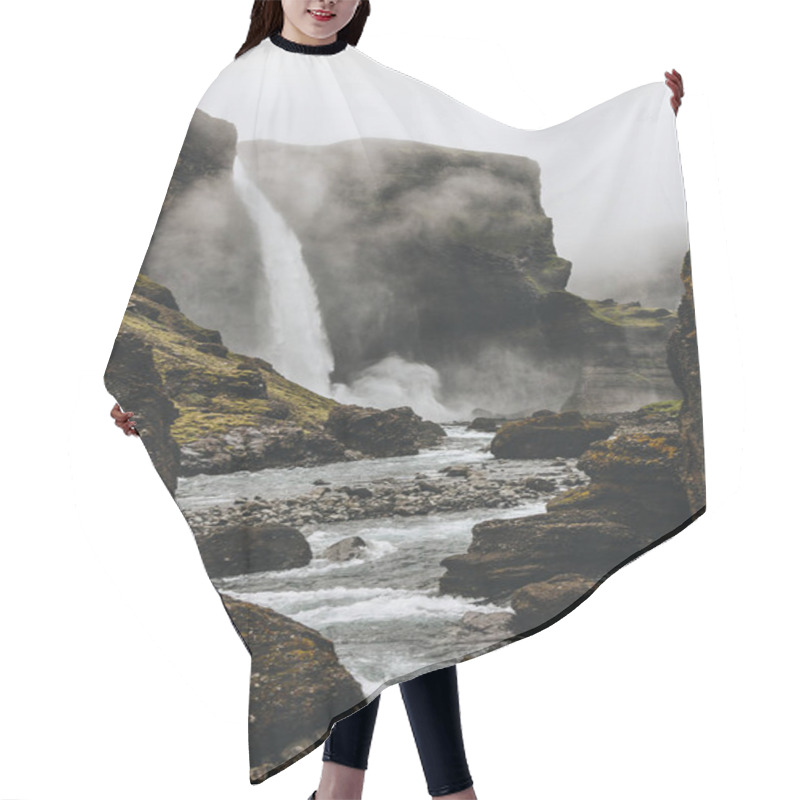 Personality  Dramatic Icelandic Landscape With Haifoss Waterfall On Misty Day Hair Cutting Cape