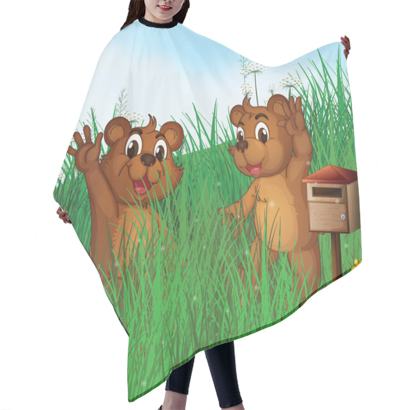 Personality  Two Young Bears Near A Wooden Mailbox Hair Cutting Cape