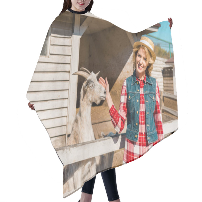 Personality  Adult Female Farmer Touching Goat Near Wooden Fence At Ranch Hair Cutting Cape