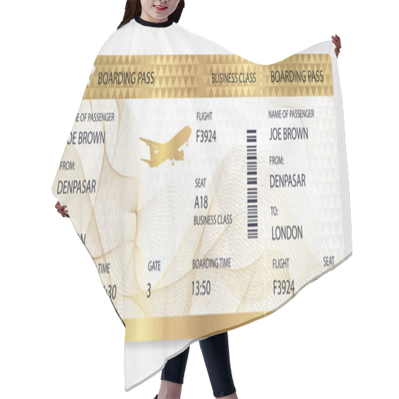 Personality  Golden Boarding Pass (ticket, Traveler Check Template) With Aircraft (airplane Or Plane) Silhouette On Gold Guilloche Background. Travel By Aerial Transport. Enjoy Your Vacation. Isolated Vector On White Hair Cutting Cape