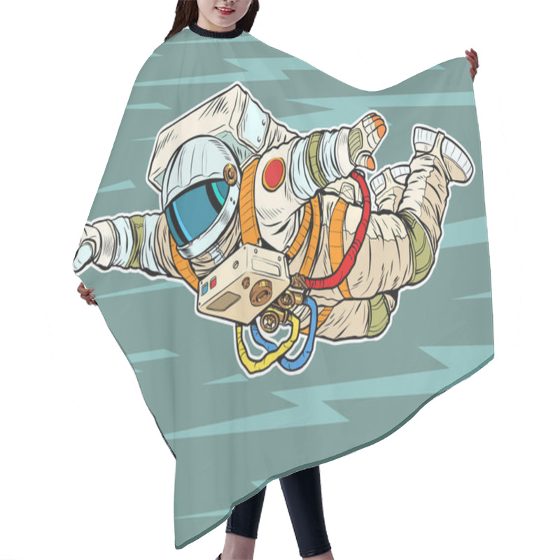 Personality  An Astronaut In A Spacesuit Flies Forward Like A Superhero. Weightlessness. Pop Art Retro Vector Illustration 50s 60s Style Kitsch Vintage Hair Cutting Cape