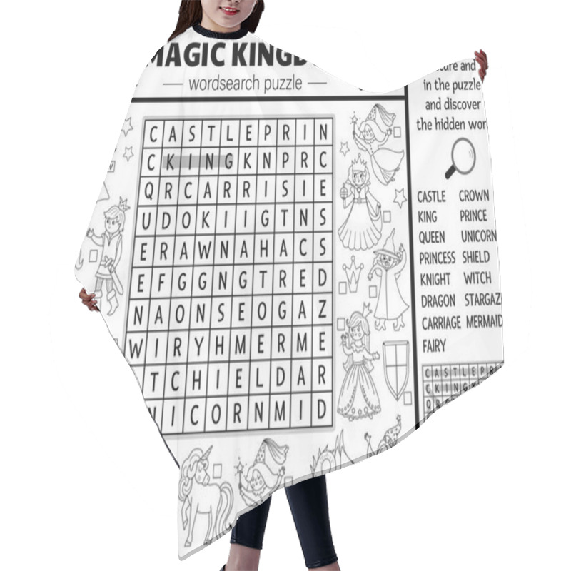 Personality  Vector Black And White Fairytale Wordsearch Puzzle For Kids. Simple Magic Kingdom Crossword With Fantasy Creatures. Coloring Page Activity With Castle, Princess, Unicorn. Fairy Tale Cross Wor Hair Cutting Cape