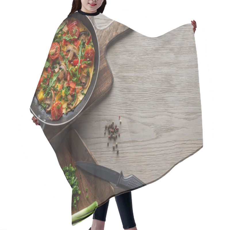 Personality  Top View Of Omelet In Frying Pan With Ingredients And Knife On Wooden Table Hair Cutting Cape