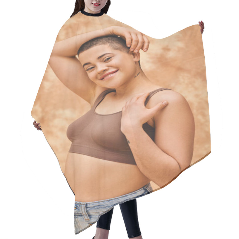 Personality  Body Love, Curvy Young And Happy Woman In Crop Top Posing On Mottled Beige Background, Looking At Camera, Representation Of Body, Different Shapes, Generation Z, Youth, Tattooed, Relaxed Pose  Hair Cutting Cape