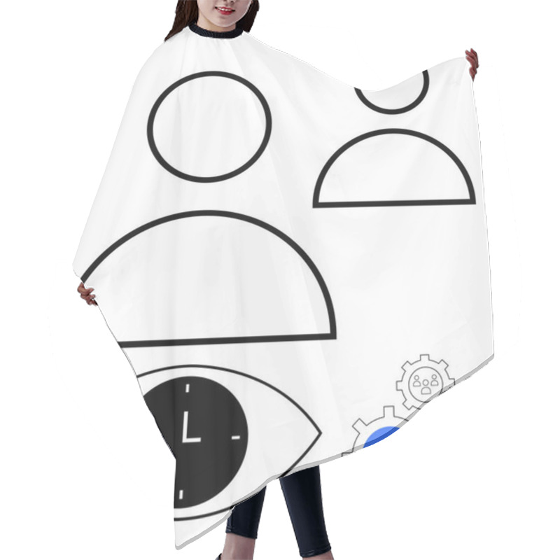 Personality  Abstract User Profiles, Clock Eye Symbolizing Time, And CRM Gear Icons. Ideal For Time Management, Customer Engagement, Analytics, Scheduling, Productivity, Teamwork And Abstract Line Flat Metaphor Hair Cutting Cape