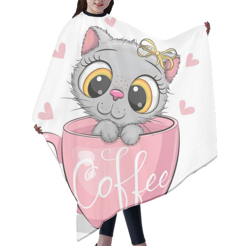 Personality  Cute Cartoon Kitten With A Bow Is Sitting In A Cup Of Coffee Hair Cutting Cape