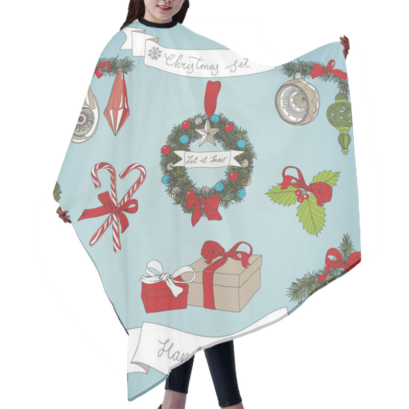 Personality  Vector Hand Drawn Christmas Set.  Hair Cutting Cape