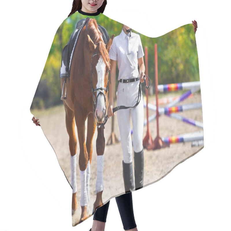 Personality  Female Jockey With Purebred Horse Hair Cutting Cape