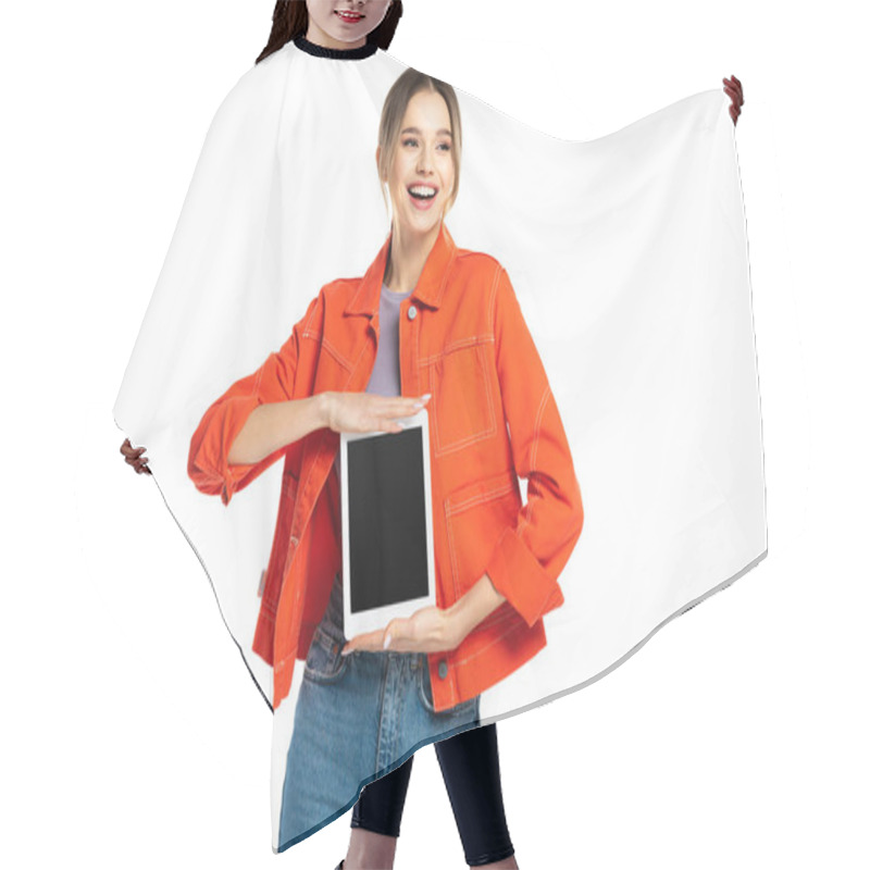 Personality  Happy Young Woman In Orange Shirt And Jeans Holding Digital Tablet With Blank Screen Isolated On White Hair Cutting Cape