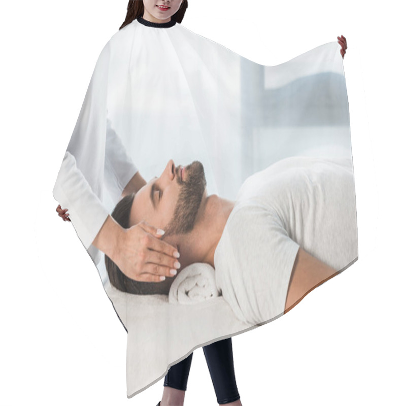 Personality  Cropped View Of Woman Healing Bearded Man With Closed Eyes  Hair Cutting Cape