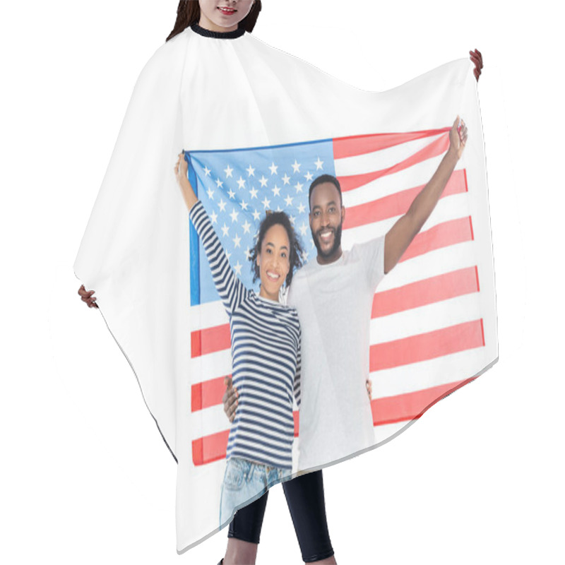 Personality  Joyful African American Couple Holding Usa Flag While Looking At Camera Isolated On White Hair Cutting Cape