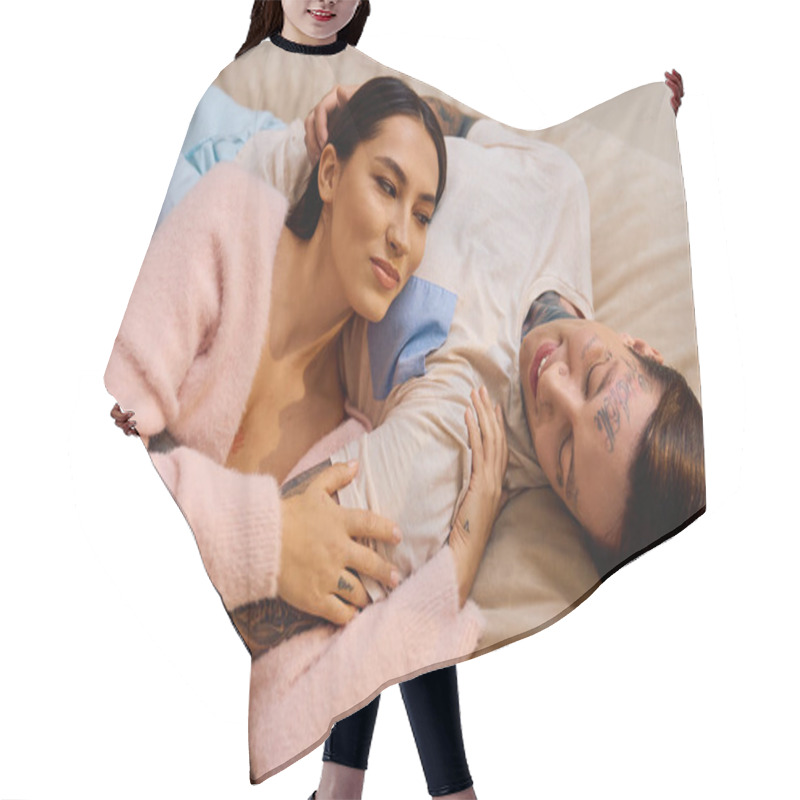 Personality  A Young Couple Cuddles Closely, Sharing Smiles And Warmth In A Relaxing Indoor Setting. Hair Cutting Cape