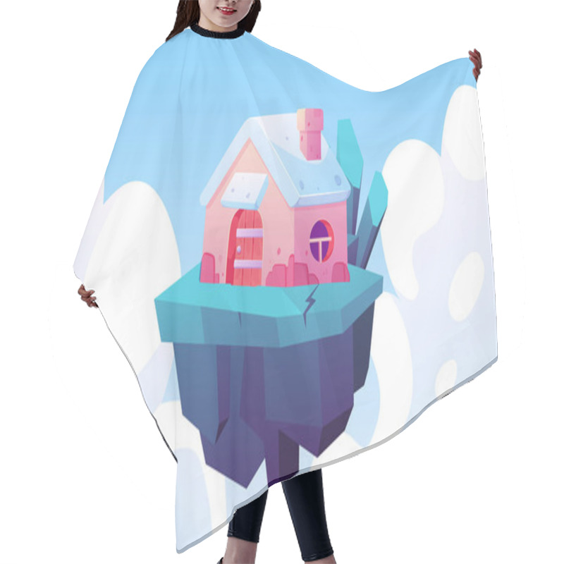 Personality  Vector Illustration Of A Flying Ice Platform With A Cute Pink House And Crystals. A Fabulous Magical Levitating House Against A Blue Sky With Clouds Is Ideal For A Game Interface, Passing Levels. Hair Cutting Cape