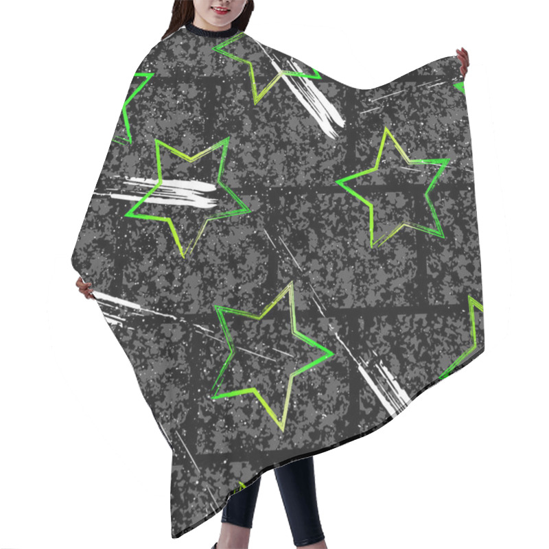 Personality  Abstract Seamless Pattern For Boys With Green Stars. Grunge Gray Texture On Black Background With White Lines Brush Effect. Hair Cutting Cape