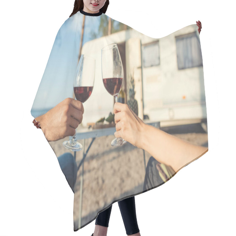 Personality  Cropped View Of Couple Clinking With Glasses Of Wine During Picnic In Camp Hair Cutting Cape