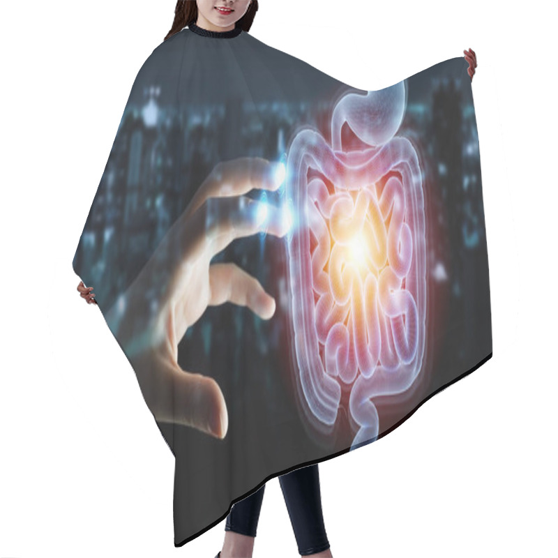 Personality  Man Hand On Dark Background Using Digital X-ray Of Human Intestine Holographic Scan Projection 3D Rendering Hair Cutting Cape