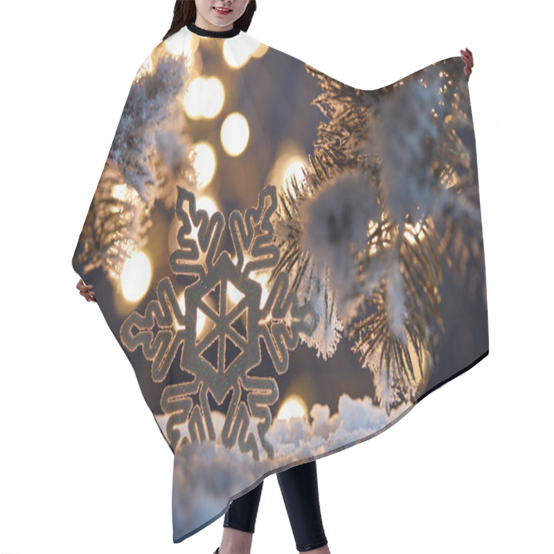 Personality  Close Up Of Decorative Snowflake With Spruce Branches In Snow With Blurred Christmas Lights  Hair Cutting Cape