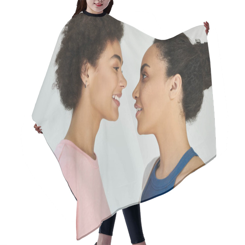 Personality  Two Women Stand Face To Face, Radiating Warmth And Happiness In A Calm Setting. Hair Cutting Cape