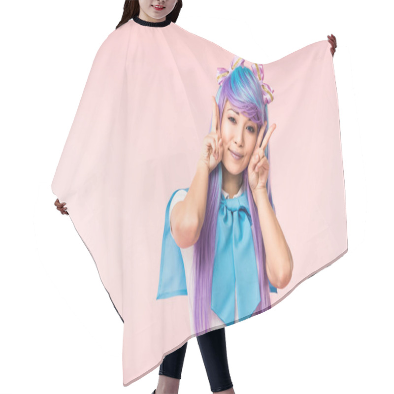 Personality  Pretty Asian Anime Girl In Purple Wig Showing Peace Signs Isolated On Pink Hair Cutting Cape