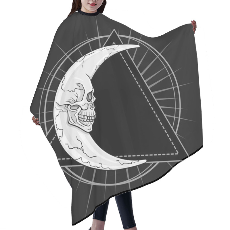 Personality  The Fantastic Moon, In The Form Of A Human Skull. Esoteric Symbol, Sacred Geometry. The Monochrome Drawing Isolated On A Dark Gray Background. Vector Illustration. Print, Posters, T-shirt, Textiles. Hair Cutting Cape