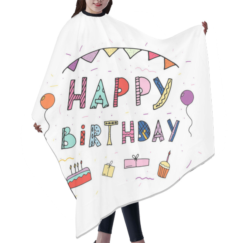 Personality  Happy Birthday Celebration Event Greeting Card Template With Cake, Balloons And Presents. Doodle Vector Hair Cutting Cape