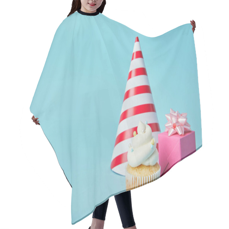 Personality  Red White Party Hat, Pink Gift Box And Delicious Cupcake On Blue Background Hair Cutting Cape