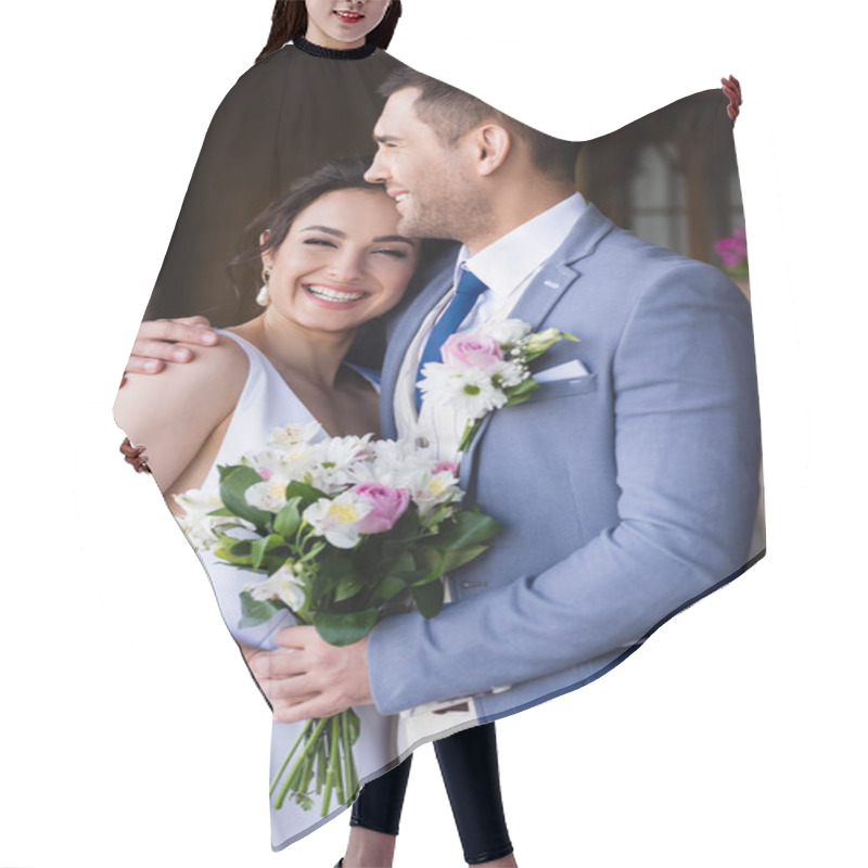 Personality  Happy Groom Hugging Bride With Bouquet Outdoors  Hair Cutting Cape