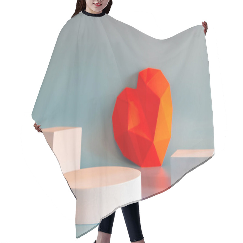 Personality  Abstract Composition With Geometric Shapes Forms And Polygonal Heart. Exhibition Podium, Platform For Advertising Presentation Products, Promotions On Cerulean Background. Valentines Day Background Hair Cutting Cape