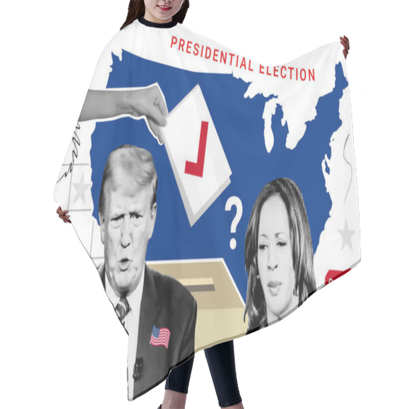 Personality  Portrait Of Donald Trump And Kamala Harris. Black And White Photo Collage With Halftone Effect Hair Cutting Cape