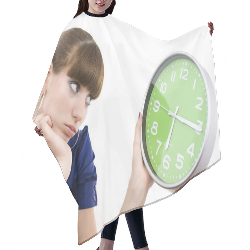 Personality  The Business Woman With Clock In Hands. Hair Cutting Cape