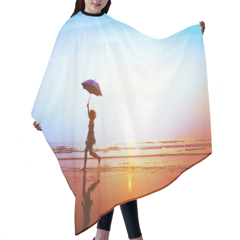 Personality  Silhouette Of Happy Carefree Girl With Umbrella Jumping On The Beach At Sunset, Freedom And Joy Concept Hair Cutting Cape