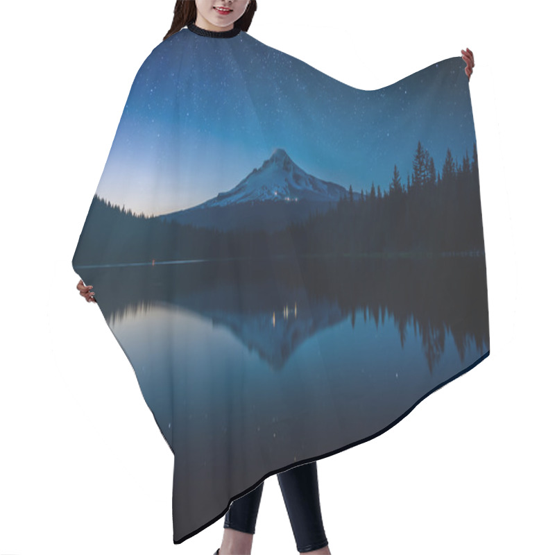 Personality  Stars In The Night Sky And Mount Hood Reflecting In Trillium Lak Hair Cutting Cape