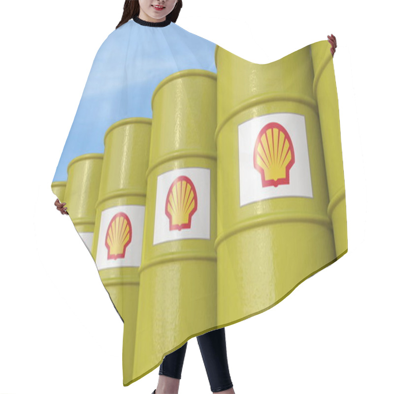 Personality  Row Of Metal Barrels With Royal Dutch Shell Logo Against Sky, Editorial 3D Rendering Hair Cutting Cape