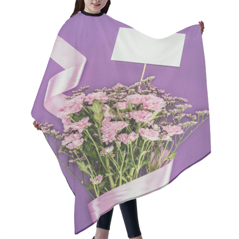 Personality  Bouquet Of Beautiful Pink Flowers With Ribbon And Blank Card On Violet Hair Cutting Cape