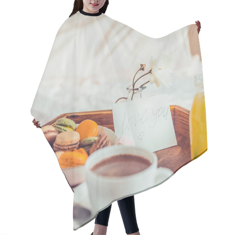 Personality  Breakfast In Bed With I Love You Text On A Note. Cup Of Coffee Or Cocoa, Juice, Macaroons, Rose Flower On Wooden Tray. Romantic Breakfast In Bed. Birthday, Valentine's Day Morning. Square. Copy Space Hair Cutting Cape