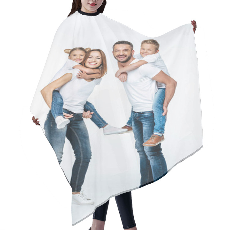 Personality  Parents Piggybacking Happy Children Hair Cutting Cape