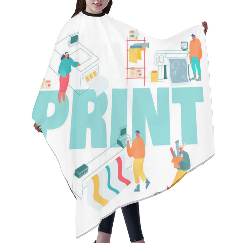 Personality  Print And Polygraphy Industry Concept. Printing House Production Process Facilities Equipment Flowchart Plotter, Printer Offset Machine Poster Banner Flyer Brochure. Cartoon Flat Vector Illustration Hair Cutting Cape