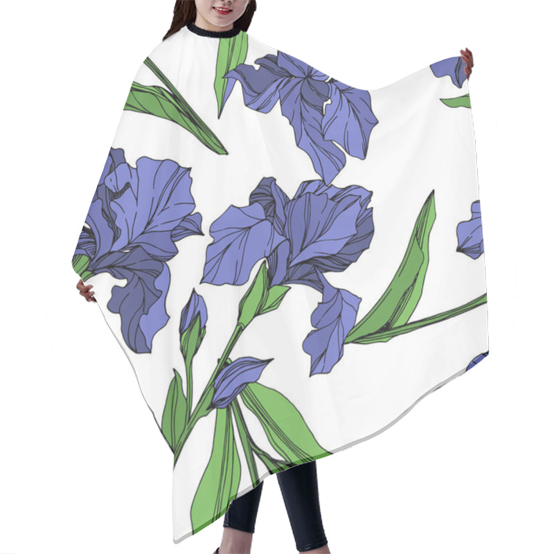 Personality  Vector Blue Iris Floral Botanical Flower. Wild Spring Leaf Wildflower Isolated. Blue And Green Engraved Ink Art. Seamless Background Pattern. Fabric Wallpaper Print Texture. Hair Cutting Cape