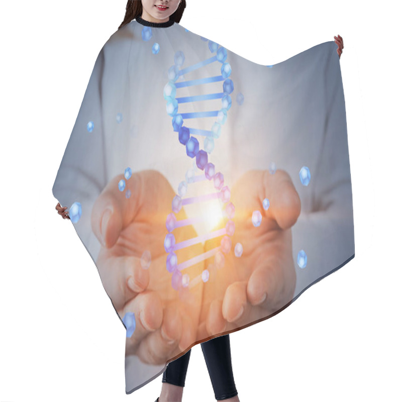 Personality  Unrecognizable Woman With Blond Hair Holding Blue Dna Helix Hologram. Biotech, Biology, Medicine And Science Concept. Double Exposure Toned Image Hair Cutting Cape