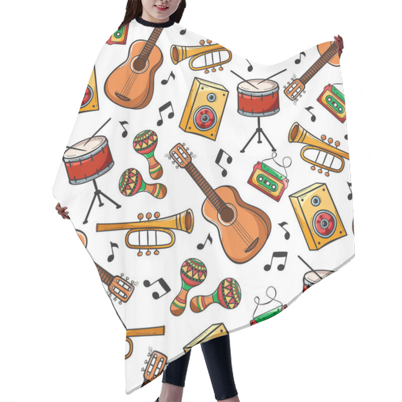 Personality  Hand Drawn Seamless Pattern With Musical Instruments In Doodle Style. Hair Cutting Cape