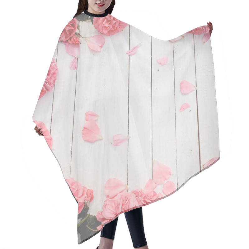 Personality  Romantic Pink Roses On White Wooden Background Hair Cutting Cape